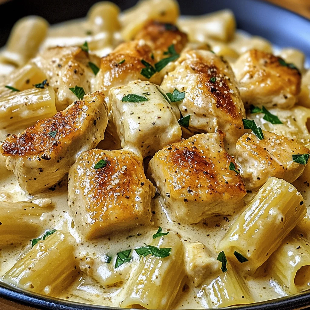 Cremiges Knoblauchbutter-Huhn und Rigatoni in Parmesan-Soße