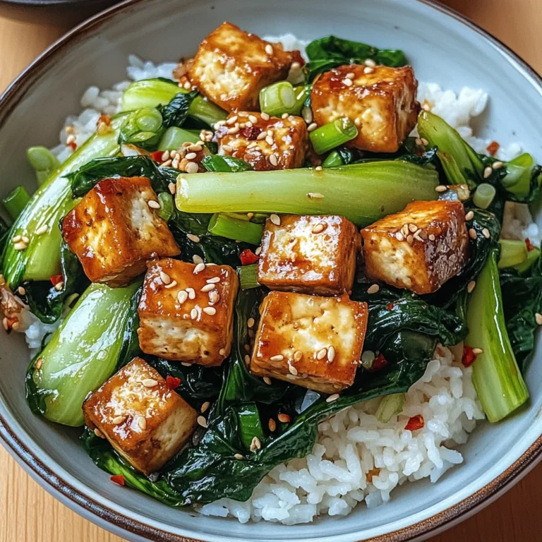 Gebratener Pak Choi mit knusprigem Tofu und Reis