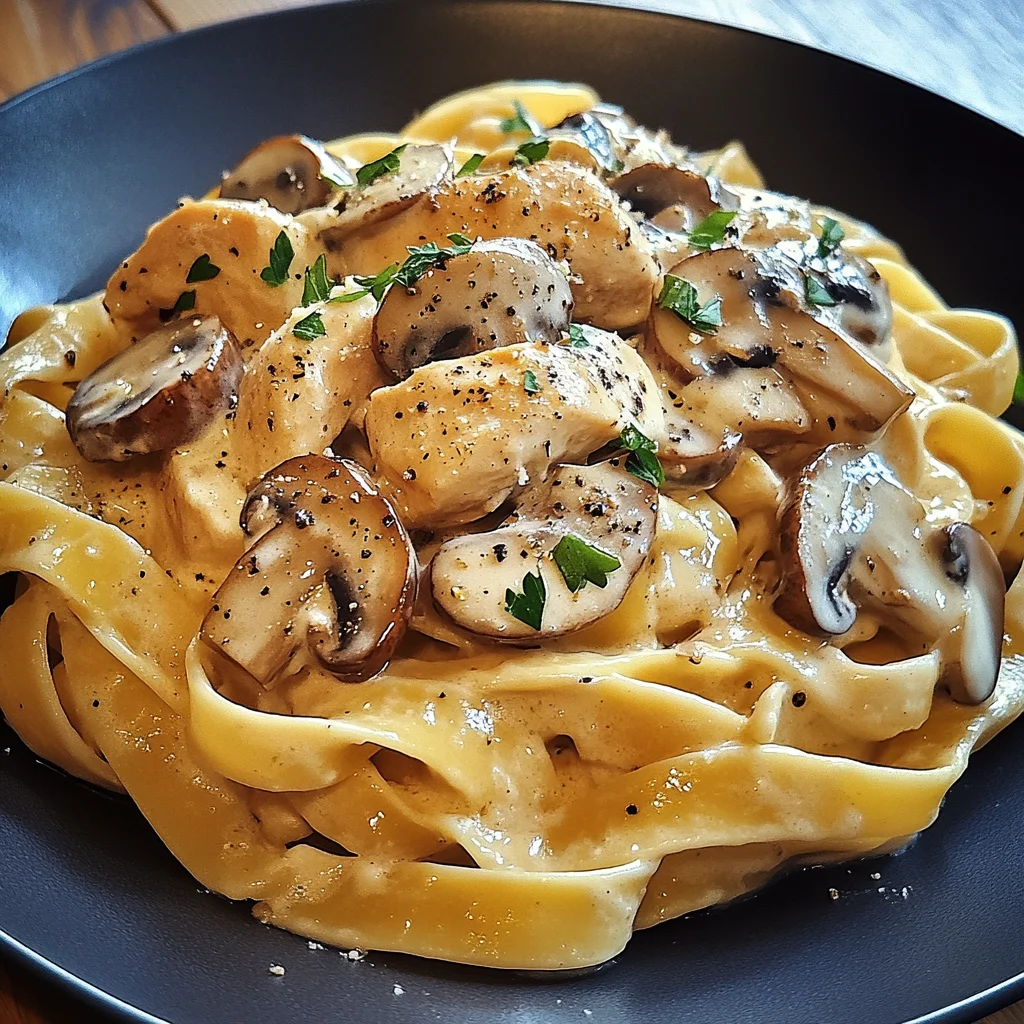 Tagliatelle mit Pilzen und Huhn in Sahnesoße