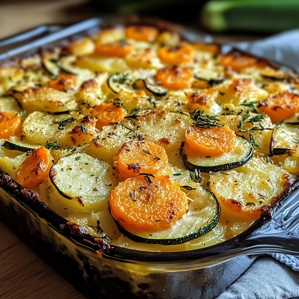 Vegetarischer Kartoffelauflauf mit Zucchini, Karotten und Zwiebeln