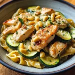 Zucchini Parmesan Pasta mit Hähnchen und Pinienkernen