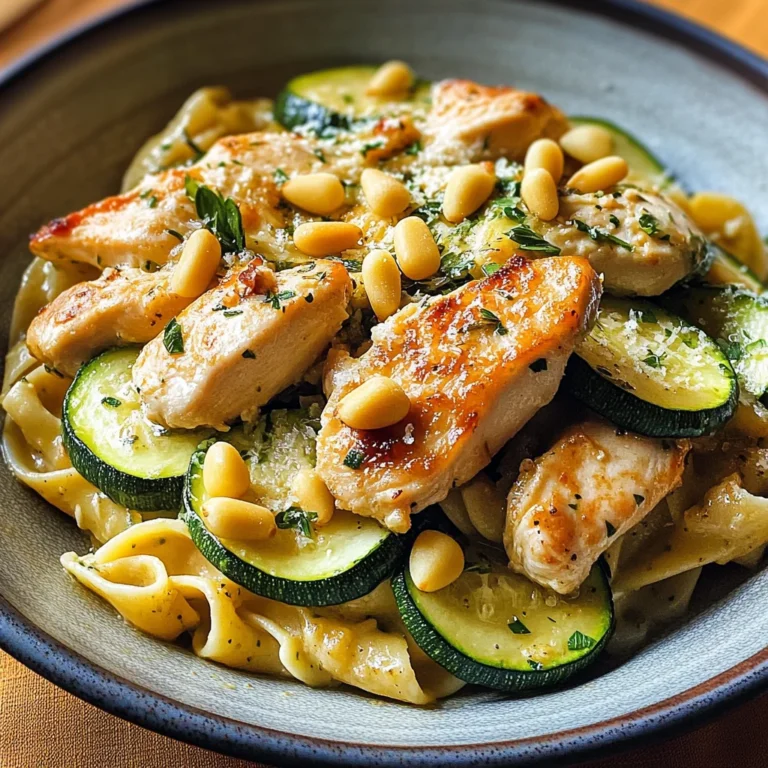 Zucchini Parmesan Pasta mit Hähnchen und Pinienkernen