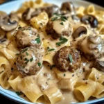 Cremige Pasta in Pilz-Sahne-Sauce mit Hackfleischbällchen