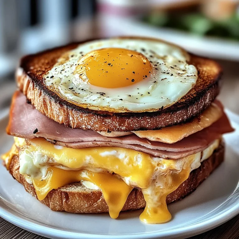 Croque Madame Sandwich mit heißem Käse, Karoschinken und Spiegelei