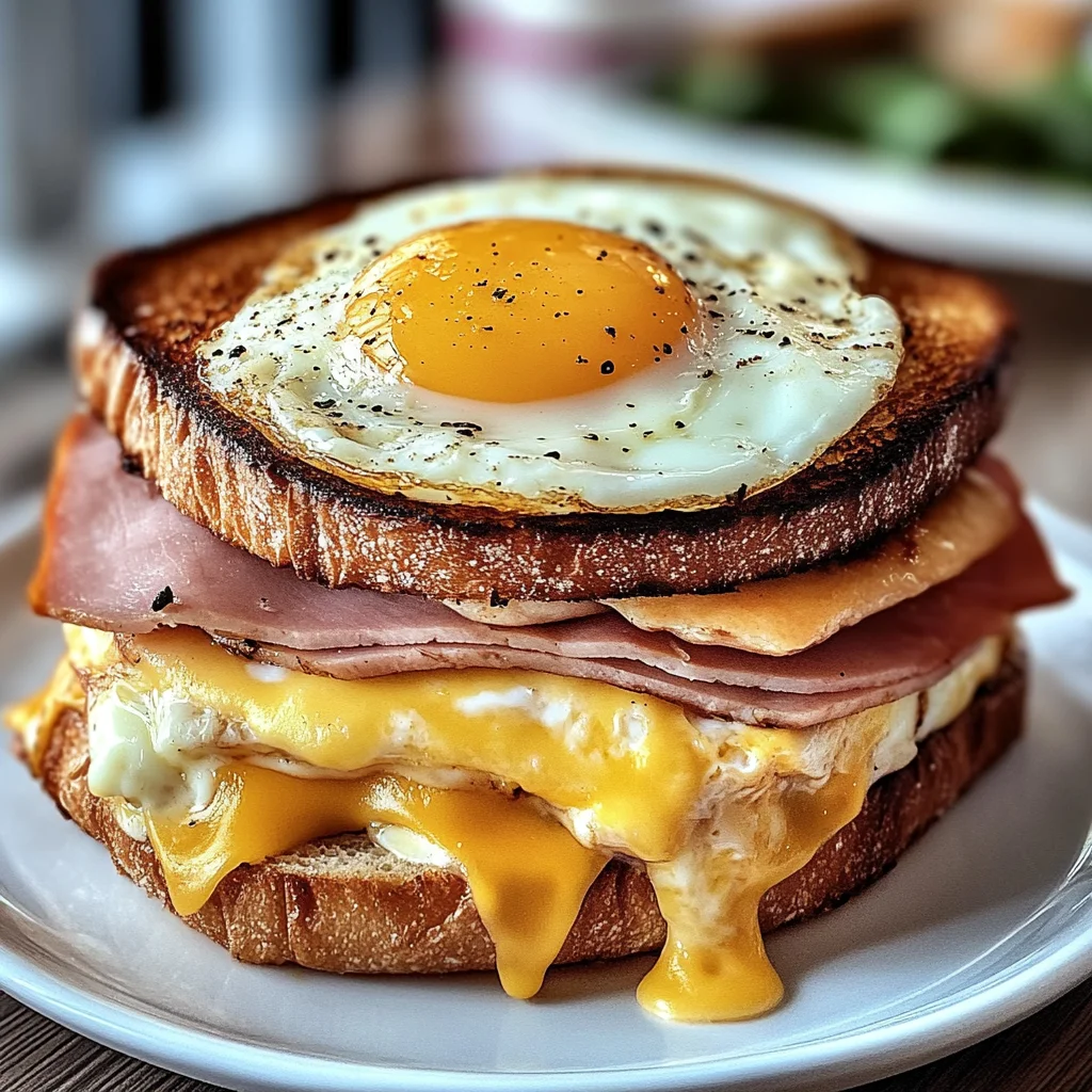 Croque Madame Sandwich mit heißem Käse, Karoschinken und Spiegelei