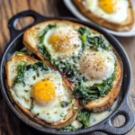 Gebackene Eier mit cremigem Grüngemüse und Knoblauchbutter-Toast