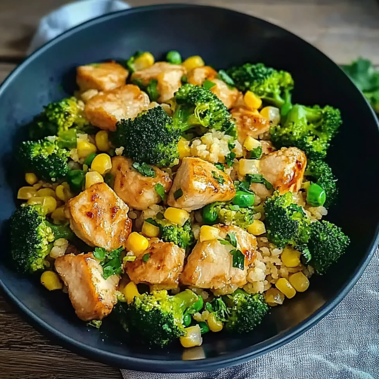 Leckere Hähnchen-Reis-Pfanne mit Brokkoli und Mais