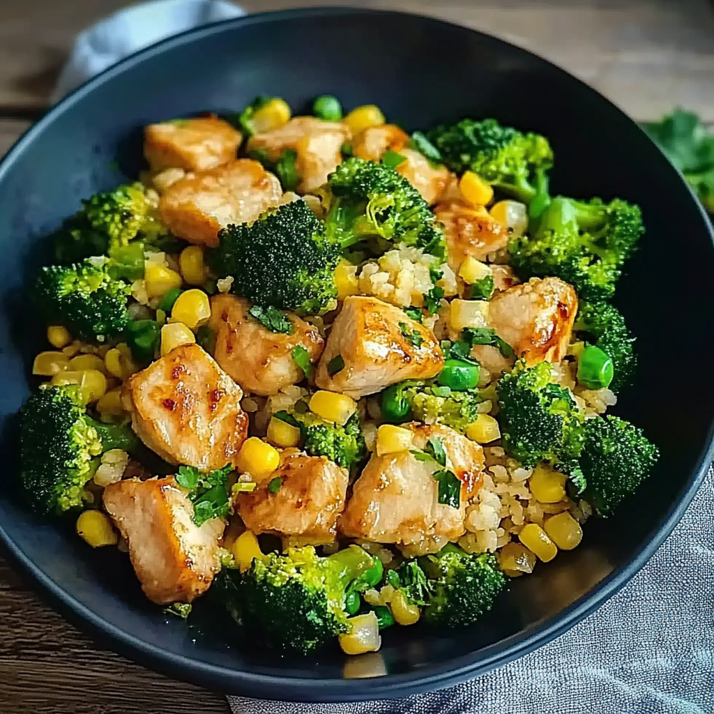 Leckere Hähnchen-Reis-Pfanne mit Brokkoli und Mais