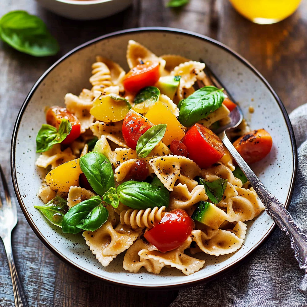Weltbester bunter Nudelsalat mit Balsamico-Dressing genießen